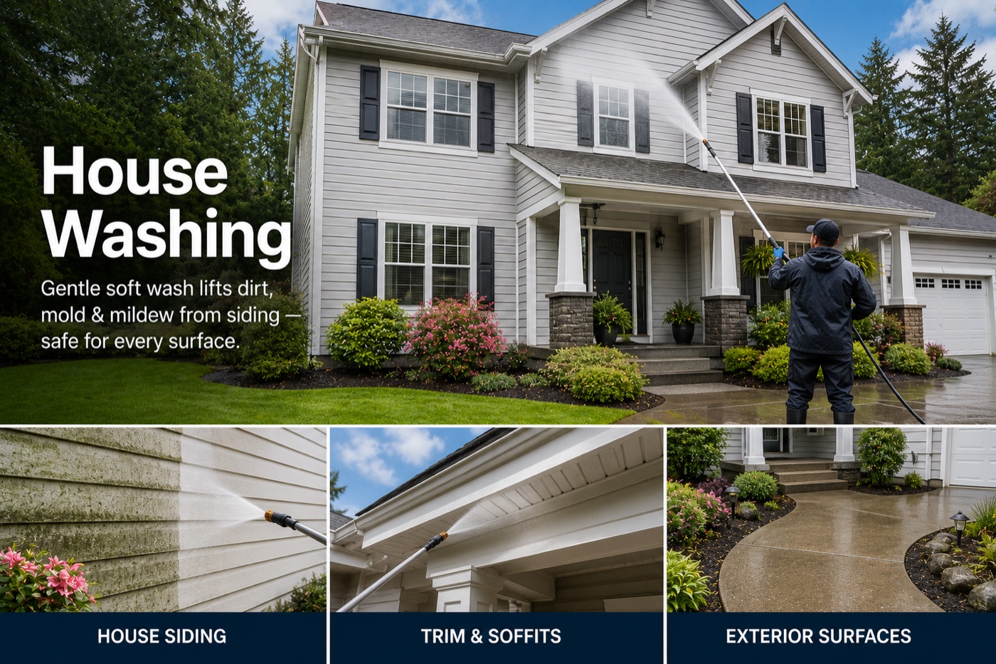 House washing — soft wash for siding, trim, soffits and exterior surfaces
